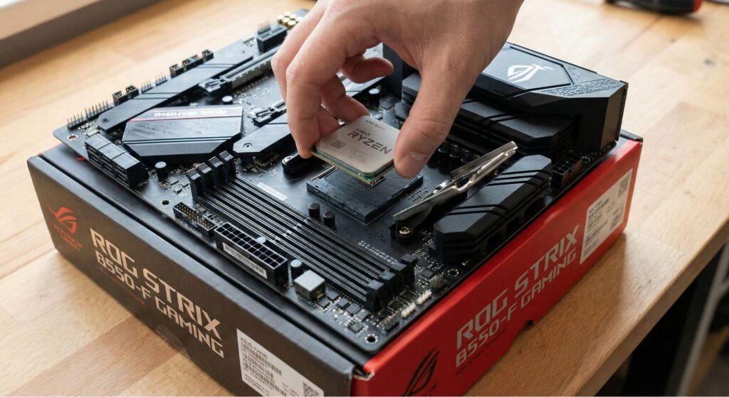 Het installeren van de CPU door het klepje open te maken en de processor rustig in de socket te plaatsen