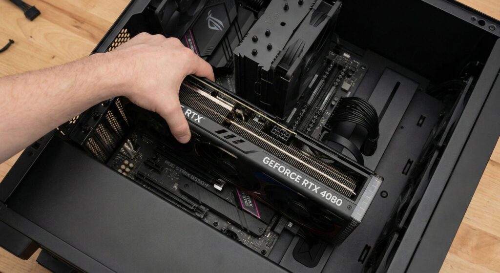 De Videokaart Installeren op het moederbord in de behuizing in de juiste PCIe-slot 