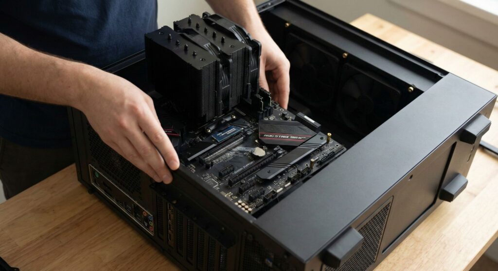 Het installeren van het Moederbord in de Behuizing door het rustig ter laten zakken op de juiste plek wat schade voorkomt.