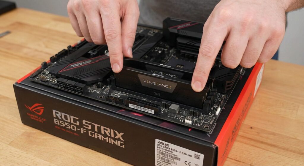 Het plaatsen van RAM (werkgeheugen) op het moederbord met beide handen 